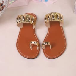 Bohemian Gold Embellished Flat Sandals - Toe Ring Croc Strap Flip Flops, Casual Summer Beach Shoes