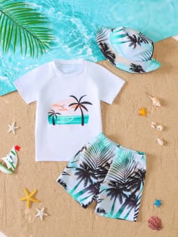 Baby Boys Summer Casual Short Sleeve Shorts Swimsuit Set with Hat Toddler Swimwear Ensemble