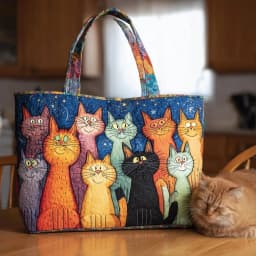 Cat Patterns Women Quilted Tote Bag Vintage Lightweight Canvas Shoulder Bag Large Capacity Cotton Travel Handbag Lady Girl