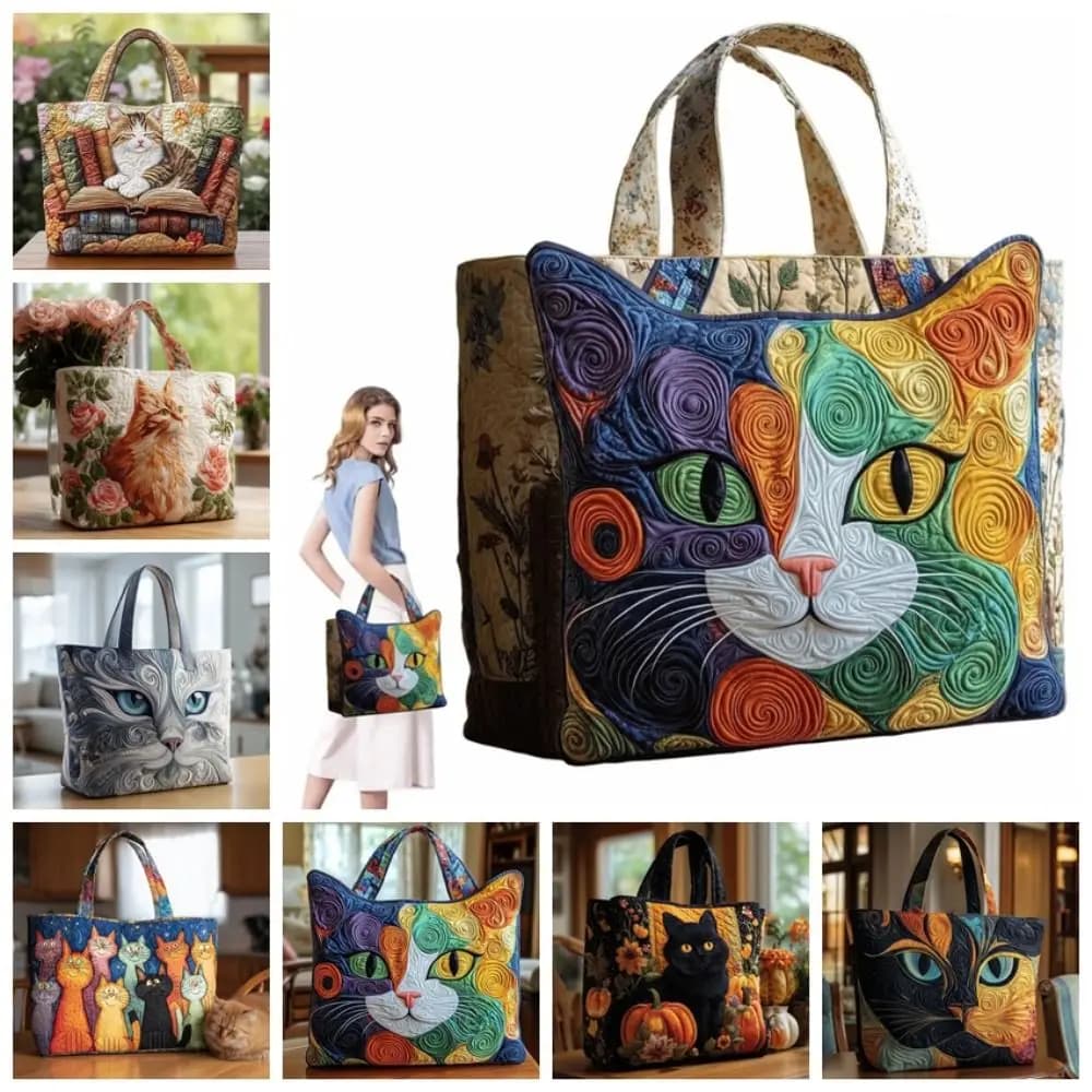Cat Patterns Women Quilted Tote Bag Vintage Lightweight Canvas Shoulder Bag Large Capacity Cotton Travel Handbag Lady Girl