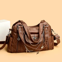 Retro Punk Women Crossbody Bag Metal Chain Multi Pocket Large Capacity PU Adjustable Strap Shoulder Bag for Commute Shopping