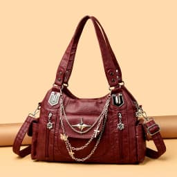 Retro Punk Women Crossbody Bag Metal Chain Multi Pocket Large Capacity PU Adjustable Strap Shoulder Bag for Commute Shopping