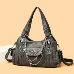 Retro Punk Women Crossbody Bag Metal Chain Multi Pocket Large Capacity PU Adjustable Strap Shoulder Bag for Commute Shopping