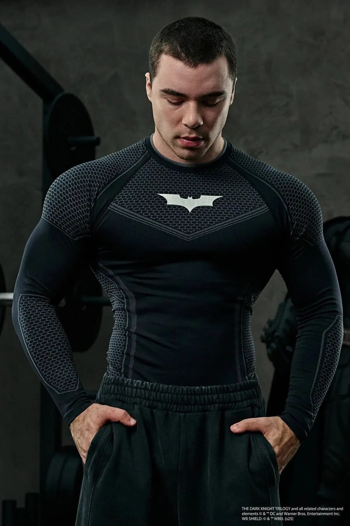 Men's Compression Long Sleeve Shirt Superhero Bat Print Workout Tops Breathable Quick Dry Athletic Base Layer for Gym Running Tr