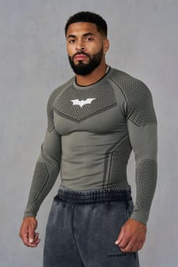 Men's Compression Long Sleeve Shirt Superhero Bat Print Workout Tops Breathable Quick Dry Athletic Base Layer for Gym Running Tr