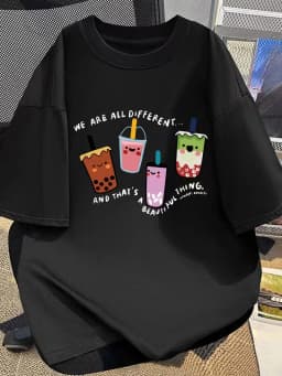 Unisex Milk Tea Print Short Sleeve T Shirt Women Casual Loose Oversized Daily Wear Streetwear Trendy Summer Blouse