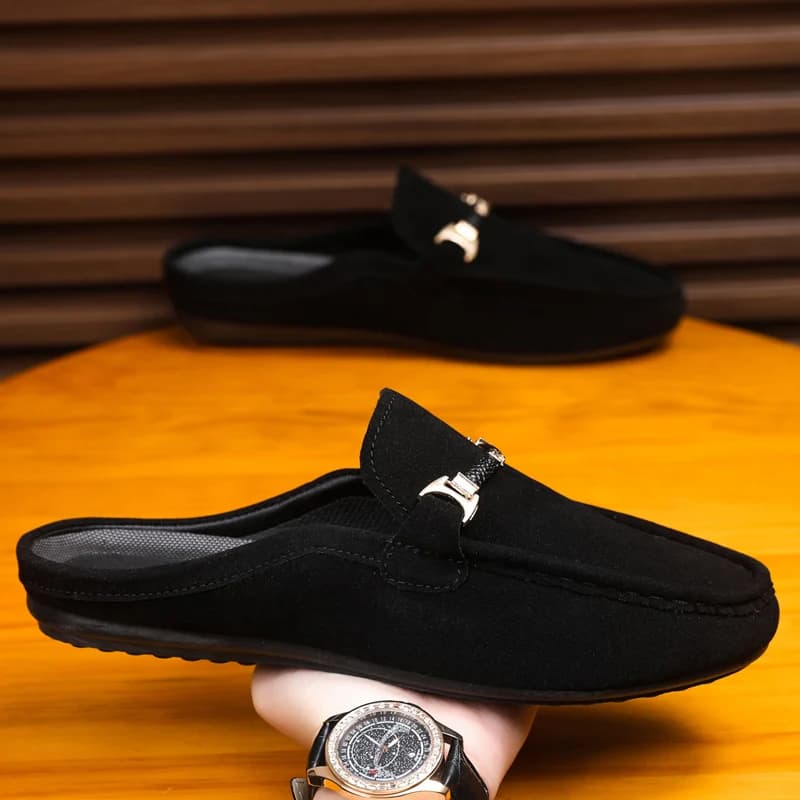 Summer Men Leather Half Slippers Comfortable Mens Loafers Breathable Casual Shoes Slip on Lazy Shoes Comfortable Walking Shoes