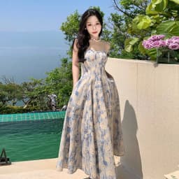 Slim Fit French Blue Oil Painting Slip Dress Waist-Cinching Spaghetti Strap Women's Floral Long Skirt Beach Vacation