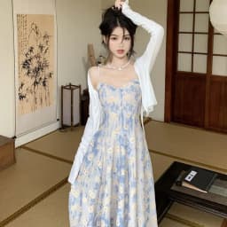 Slim Fit French Blue Oil Painting Slip Dress Waist-Cinching Spaghetti Strap Women's Floral Long Skirt Beach Vacation