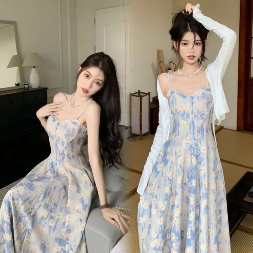 Slim Fit French Blue Oil Painting Slip Dress Waist-Cinching Spaghetti Strap Women's Floral Long Skirt Beach Vacation