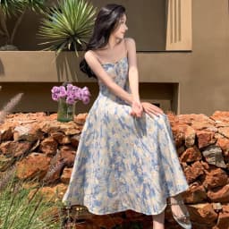Slim Fit French Blue Oil Painting Slip Dress Waist-Cinching Spaghetti Strap Women's Floral Long Skirt Beach Vacation