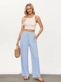 Women's Solid Color Loose Wide Leg Pants Casual Drawstring Straight Pants Pocket Casual Pants Trousers Loose High Waisted Pants