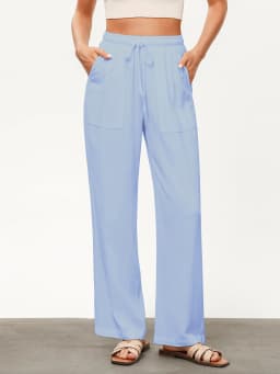 Women's Solid Color Loose Wide Leg Pants Casual Drawstring Straight Pants Pocket Casual Pants Trousers Loose High Waisted Pants