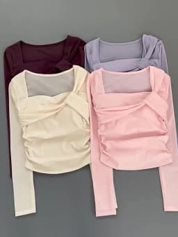 Women Square Neck Mesh Long Sleeve Yoga Top Shoulder Twist Side Ruched Soft Breathable Fitness Sports Tee ****