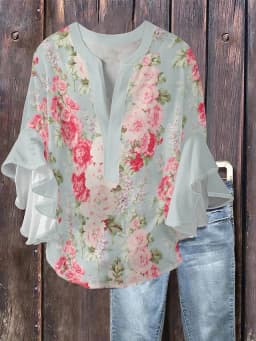 Women's Vintage Style Printed Ruffle Sleeve Blouse Casual Loose Elegant Soft Shirt Female Fashion Tops