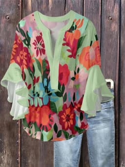 Women's Vintage Style Printed Ruffle Sleeve Blouse Casual Loose Elegant Soft Shirt Female Fashion Tops