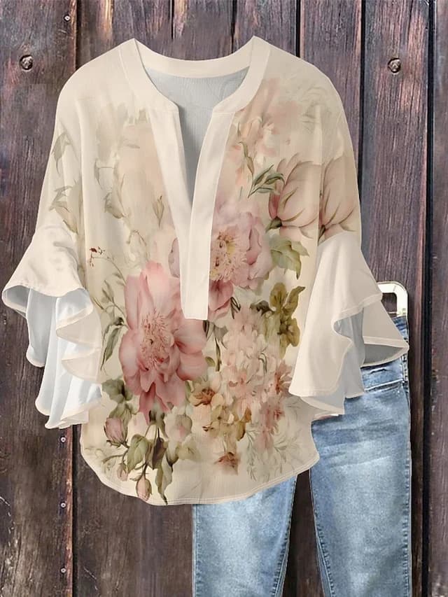 Women's Vintage Style Printed Ruffle Sleeve Blouse Casual Loose Elegant Soft Shirt Female Fashion Tops