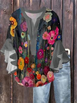 Women's Vintage Style Printed Ruffle Sleeve Blouse Casual Loose Elegant Soft Shirt Female Fashion Tops
