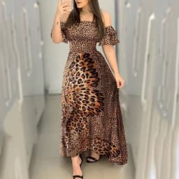 2026 Nieuwe Mode Luipaard Gewaad Afdrukken Lange Jurk Ruche Maxi Zonnejurk Bohemian Vrouwen Zomer Sexy Toevallige Elegante Strap