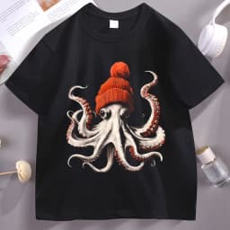 Funny Octopus Wearing Beanie Retro T-Shirt Unisex Funny T Shirt 90s Graphic Tee Cotton Short Sleeve Male Tees Y2k Clothing