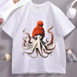 Funny Octopus Wearing Beanie Retro T-Shirt Unisex Funny T Shirt 90s Graphic Tee Cotton Short Sleeve Male Tees Y2k Clothing