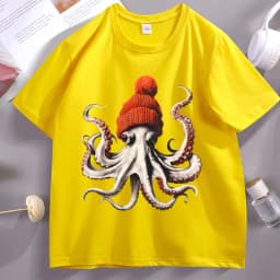 Funny Octopus Wearing Beanie Retro T-Shirt Unisex Funny T Shirt 90s Graphic Tee Cotton Short Sleeve Male Tees Y2k Clothing