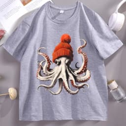 Funny Octopus Wearing Beanie Retro T-Shirt Unisex Funny T Shirt 90s Graphic Tee Cotton Short Sleeve Male Tees Y2k Clothing
