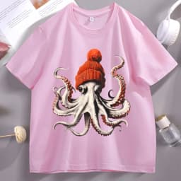 Funny Octopus Wearing Beanie Retro T-Shirt Unisex Funny T Shirt 90s Graphic Tee Cotton Short Sleeve Male Tees Y2k Clothing