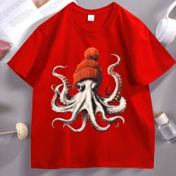 Funny Octopus Wearing Beanie Retro T-Shirt Unisex Funny T Shirt 90s Graphic Tee Cotton Short Sleeve Male Tees Y2k Clothing
