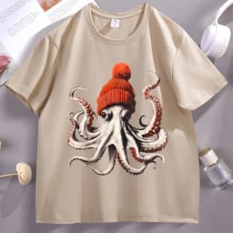 Funny Octopus Wearing Beanie Retro T-Shirt Unisex Funny T Shirt 90s Graphic Tee Cotton Short Sleeve Male Tees Y2k Clothing