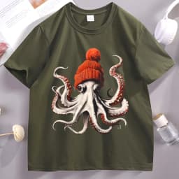 Funny Octopus Wearing Beanie Retro T-Shirt Unisex Funny T Shirt 90s Graphic Tee Cotton Short Sleeve Male Tees Y2k Clothing