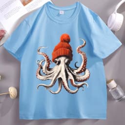 Funny Octopus Wearing Beanie Retro T-Shirt Unisex Funny T Shirt 90s Graphic Tee Cotton Short Sleeve Male Tees Y2k Clothing