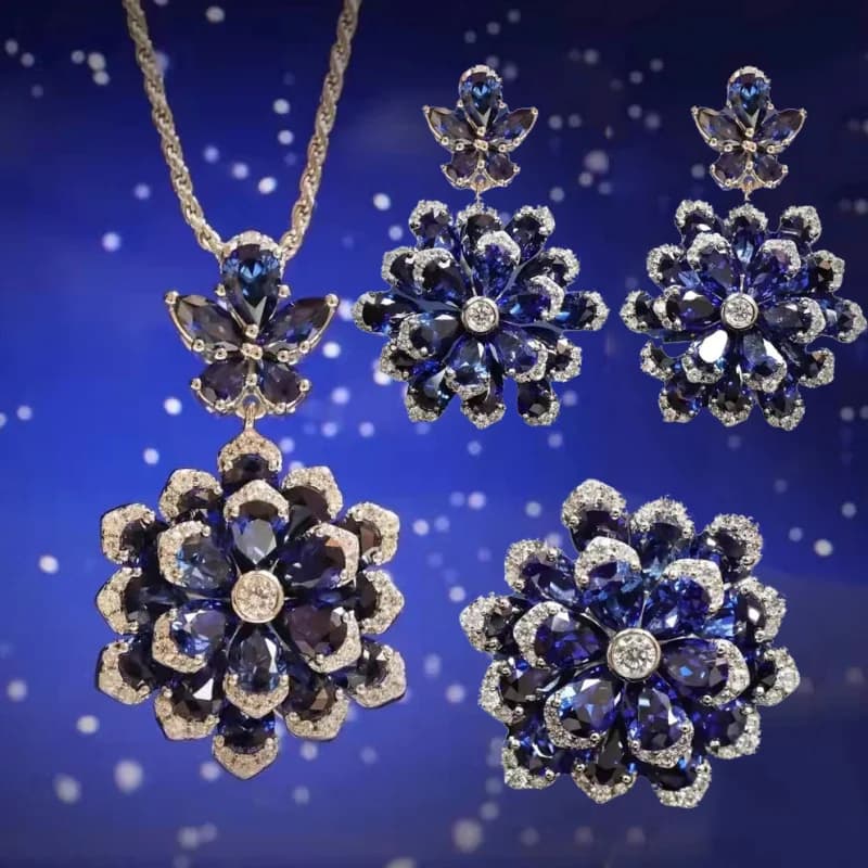 Foyejaf Floral Jewelry Set - Royal Blue Pendant Necklace Earrings And Ring Set Luxurious Floral Accessory Collection