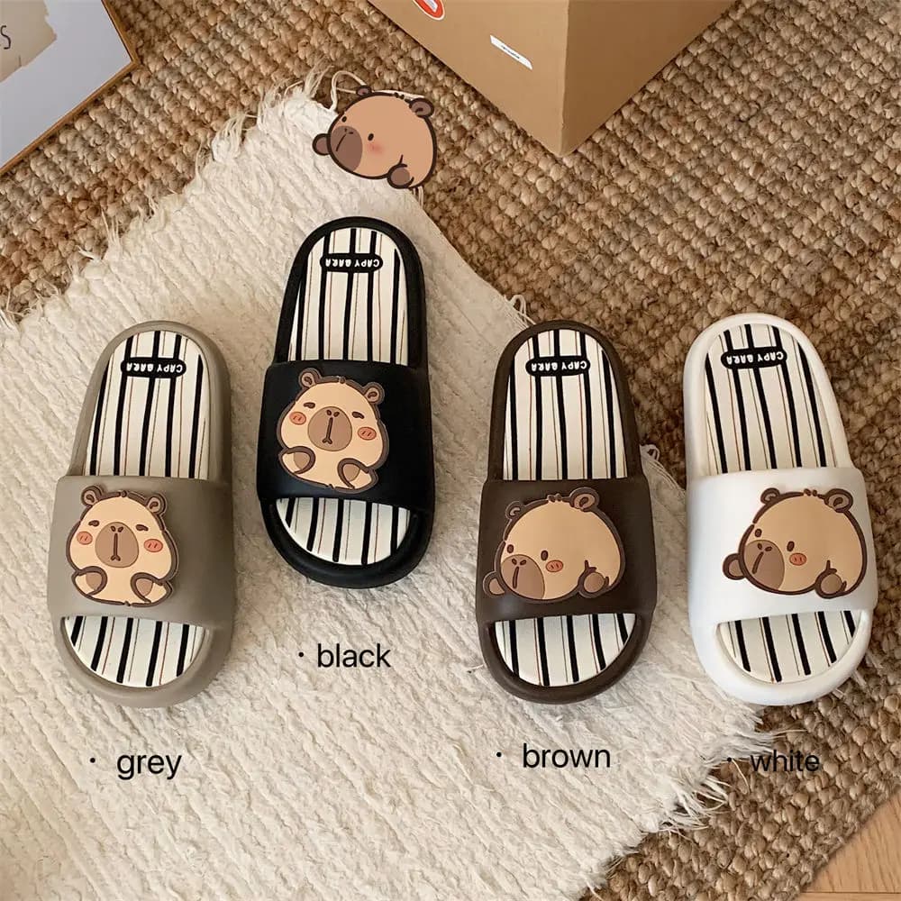 Women Cute BathSlippers Capybara Decor Stripes Thick Soft-Sole Bathroom Beach Summer Couple Black White Casual Non-slip Home New