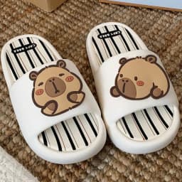 Women Cute BathSlippers Capybara Decor Stripes Thick Soft-Sole Bathroom Beach Summer Couple Black White Casual Non-slip Home New