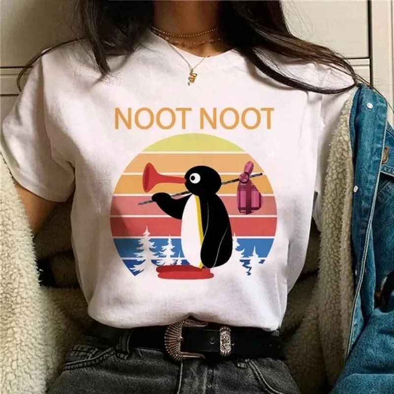 Funny Pingu Print Women's T-Shirt Unique Casual Cute Street Short-Sleeve T-Shirt Breathable Women's Top Kawaii Clothing