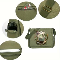 Vintage Womens Shoulder Bag Canvas Frog Print Large Capacity Crossbody Laptop Bag Daily Use Messenger Bag