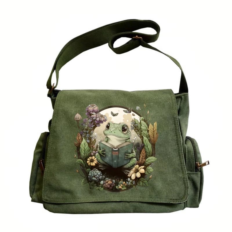 Vintage Womens Shoulder Bag Canvas Frog Print Large Capacity Crossbody Laptop Bag Daily Use Messenger Bag