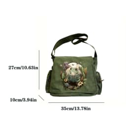 Vintage Womens Shoulder Bag Canvas Frog Print Large Capacity Crossbody Laptop Bag Daily Use Messenger Bag