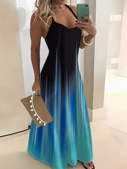 Black Blue Ombre Print Sundress Women Vacation Style Sleeveless Summer Dress Casual Flowy Maxi Dress for Beach Party Travel