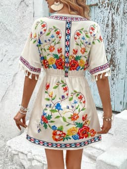 Summer Floral Print Fringe Sleeve Dress, Ethnic Vintage V Neck Short Sleeve Waist Cinching, Casual Vacation Wear