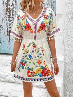 Summer Floral Print Fringe Sleeve Dress, Ethnic Vintage V Neck Short Sleeve Waist Cinching, Casual Vacation Wear