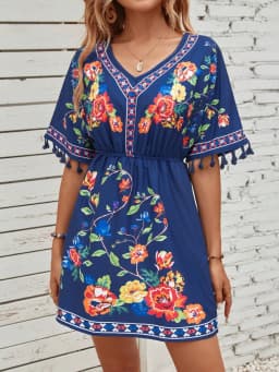 Summer Floral Print Fringe Sleeve Dress, Ethnic Vintage V Neck Short Sleeve Waist Cinching, Casual Vacation Wear