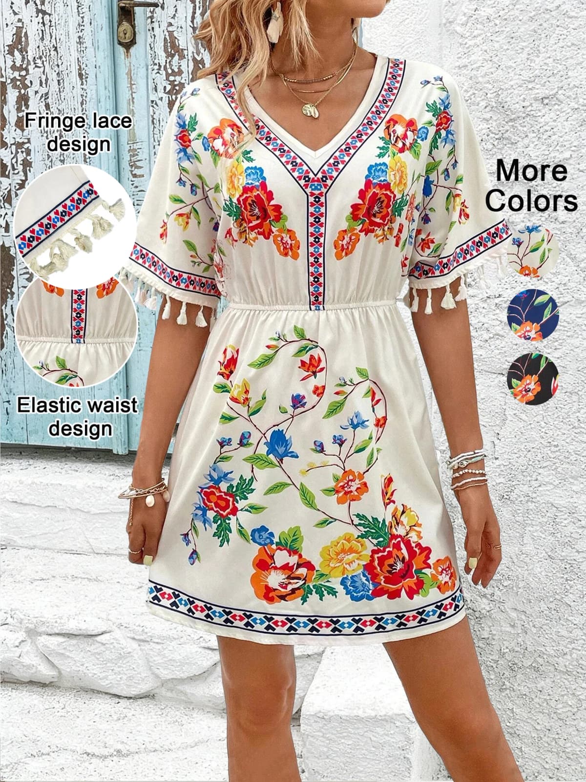 Summer Floral Print Fringe Sleeve Dress, Ethnic Vintage V Neck Short Sleeve Waist Cinching, Casual Vacation Wear