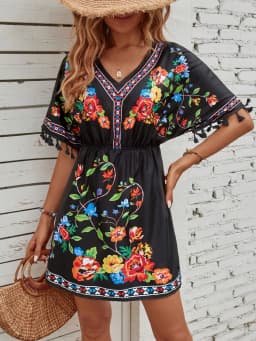 Summer Floral Print Fringe Sleeve Dress, Ethnic Vintage V Neck Short Sleeve Waist Cinching, Casual Vacation Wear