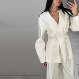Women's Exquisite Luxury Satin Loose Jacket Wide Leg Pants Suit 2026 Casual Elegant V Neck Cinched Waist Jacket Chic Trouser Set