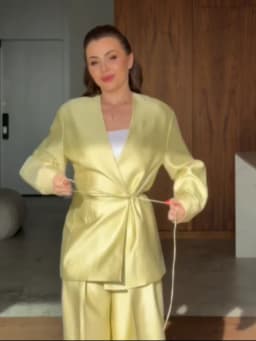 Women's Exquisite Luxury Satin Loose Jacket Wide Leg Pants Suit 2026 Casual Elegant V Neck Cinched Waist Jacket Chic Trouser Set