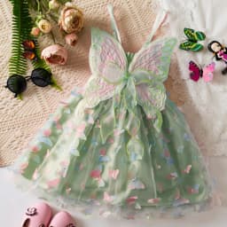 Girls Green Butterfly Dress Summer Children Colorful Mesh Dress Baby Sling Wings Princess Dress for Birthday 2-6T