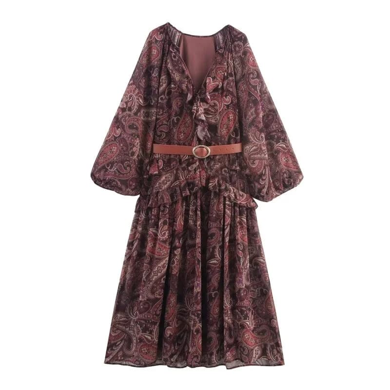 Trendy Bohemian Vintage Long Dress Spring V Neck Puff Sleeve Belted Paisley Print Elegant Casual Daily Dress for Women