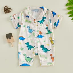 Baby Romper Pajamas Infant Girls Boys Dinosaur/Tree Print Turn Down Collar Short Sleeve Bodysuits Jumpsuits Sleepwear